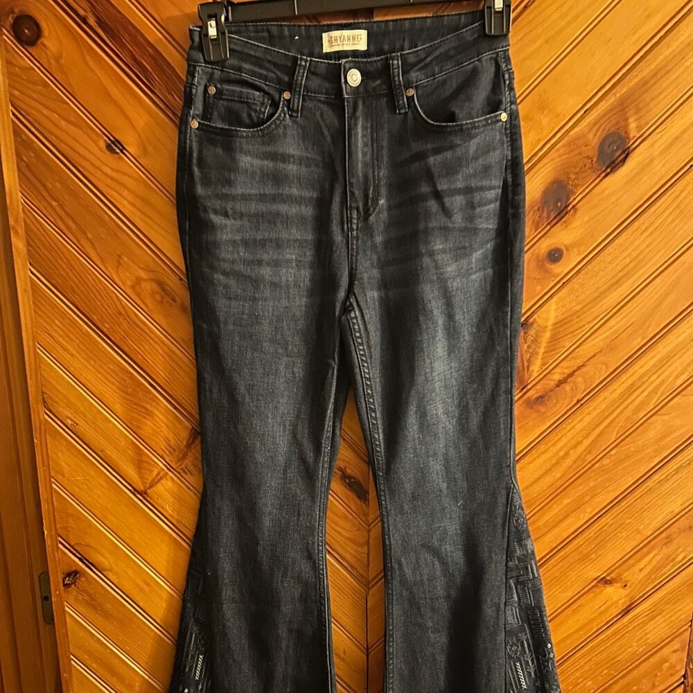Shyanne Bell Bottom Dark Wash Jeans with embroidered inserts, Size 29 Short